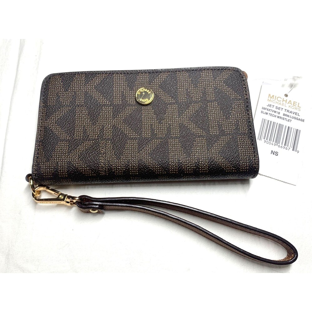 NWT Michael Kors Jet Set Travel Slim Tech Phone Wristlet Wallet Brown Luggage